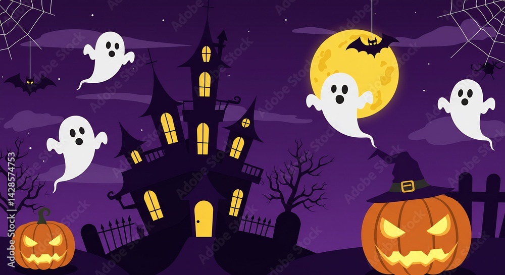 Fototapeta premium Spooky Halloween Night Scene with Haunted Castle and Ghosts