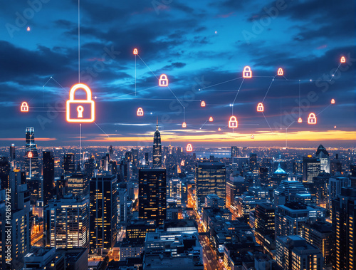 Glowing padlock icons connected by lines over a futuristic city skyline at dusk, digital tech style, blue and orange tone, concept of cybersecurity. Ai generative