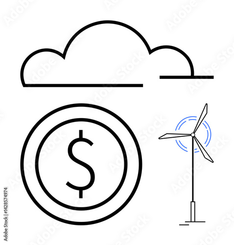 Cloud above wind turbine and dollar coin, suggesting renewable energy, economic efficiency, and green solutions. Ideal for sustainability, eco-finance, technology, environment, innovation
