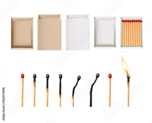 Matchbox, empty package for match sticks in top and perspective view. Realistic mockup of 3d blank box. Stages of burning the match. Symbol of ignition burning. Vector