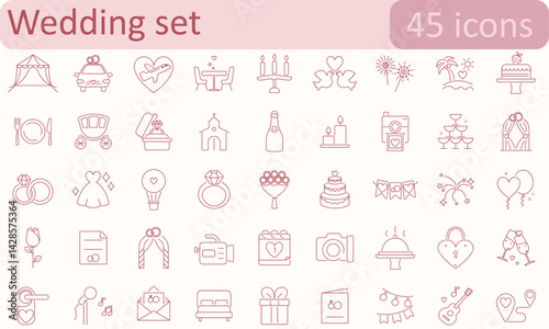 Minimal line wedding icons set. 45 romantic wedding icons for invitations, decorations, websites, or wedding planners. Elegant and modern vector style.