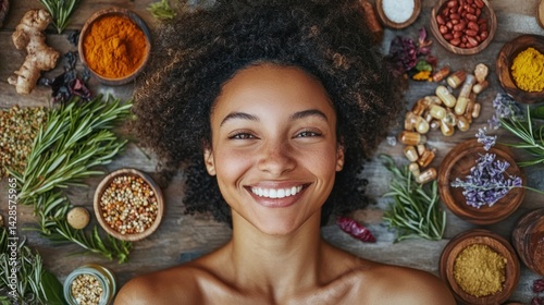 A smiling woman surrounded by natural remedies and wellness symbols.