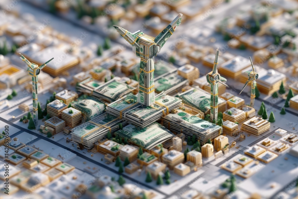 Modern Cityscape with Money and Wind Turbines in Abstract Design