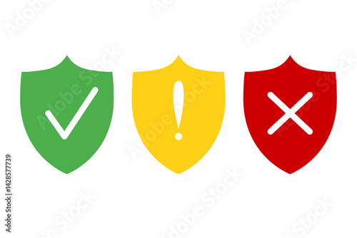 Colorful Security Shield Icons – Check Mark, Warning, and Error Symbols.