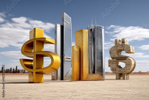 Modern Financial Landscape with Golden Dollar Symbols and Skyscrapers