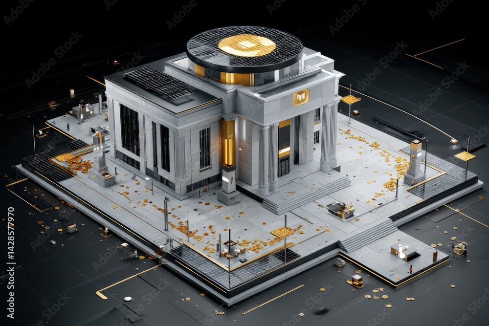 Modern financial institution building with futuristic design elements