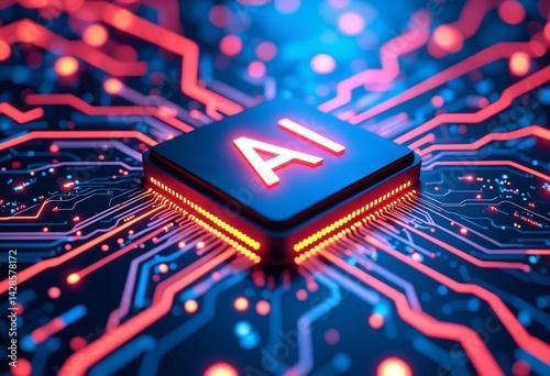 AI word on microchip and colorful light spread with strong beam , AI concept with copyspace banner background, Generative AI