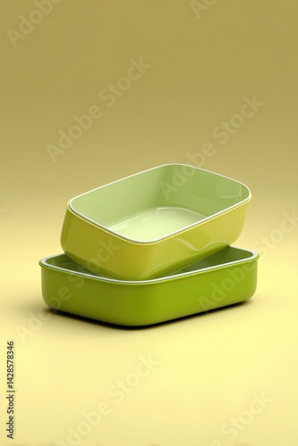 Modern Green Baking Dishes Stacked on a Simple Yellow Background