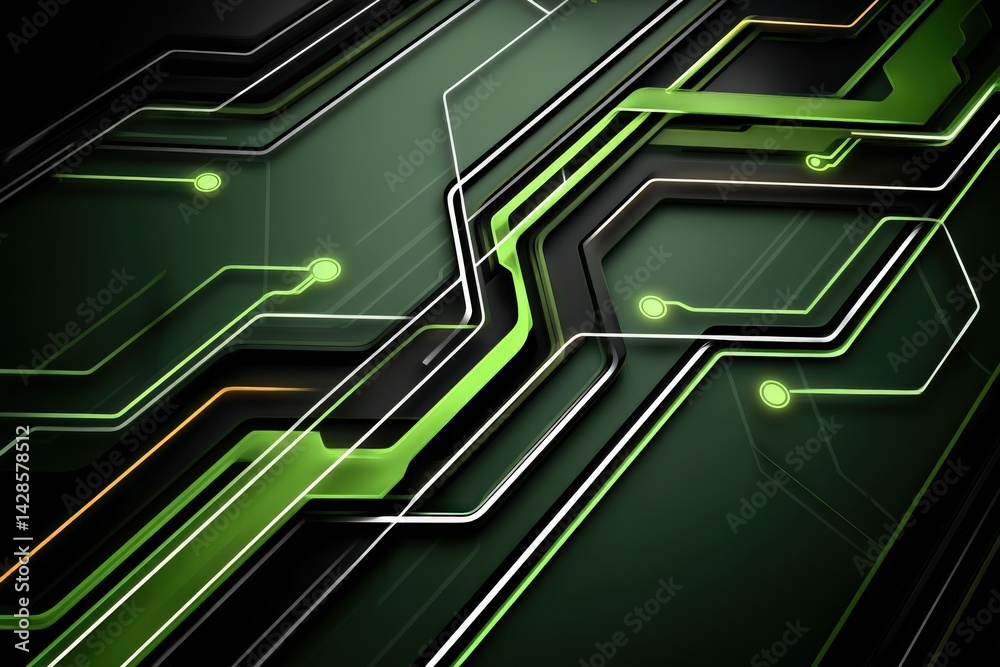 Modern Green Circuit Board Design with Abstract Geometric Lines