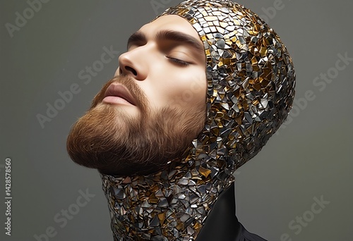 a striking portrait of a man with a full beard gazing upwards, adorned with a shimmering, mosaic-like hood against a muted green backdrop.