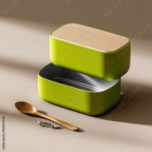 Obraz na płótnie Modern Green Food Container with Wooden Lid and Spoon on Surface w salonie