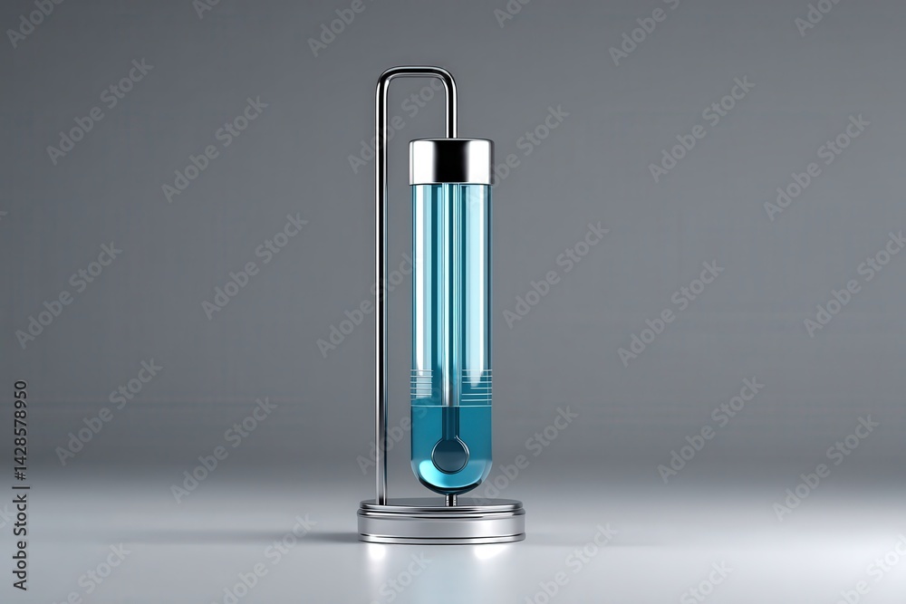 Modern laboratory test tube with blue liquid and metal holder