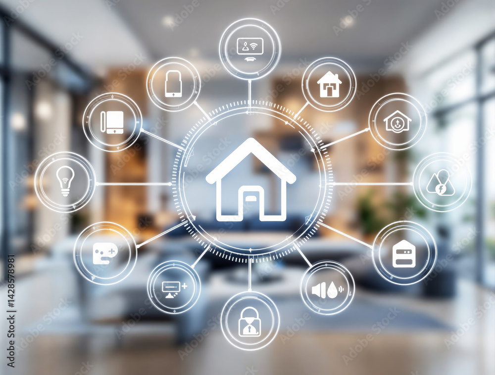 Futuristic smart home tech interface with glowing digital icons over a modern living room interior background, concept of home automation system, Ai generative