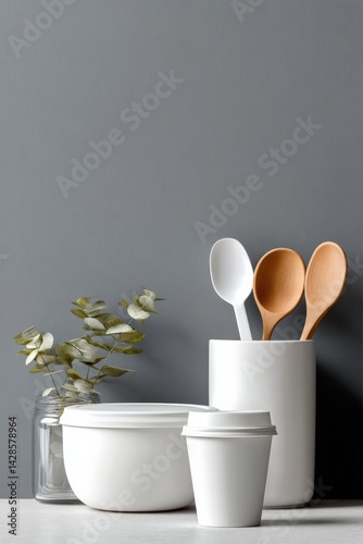 Obraz na płótnie Modern Kitchen Still Life with Cookware and Greenery Accents w salonie