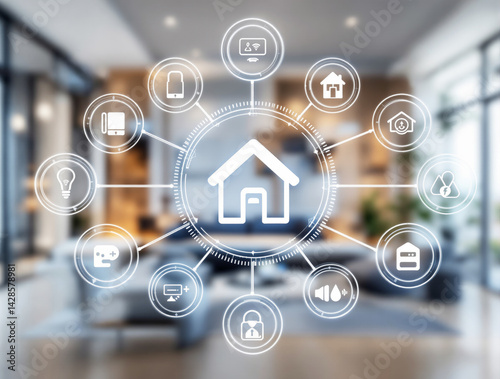 Obraz na płótnie Futuristic smart home tech interface with glowing digital icons over a modern living room interior background, concept of home automation system, Ai generative w salonie