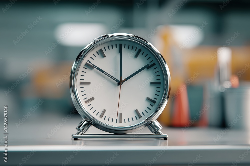 Modern Metallic Clock on Table in Contemporary Workspace Interior