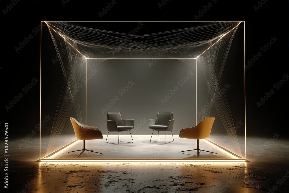 Modern Minimalist Lounge Design with Illuminated Geometric Elements