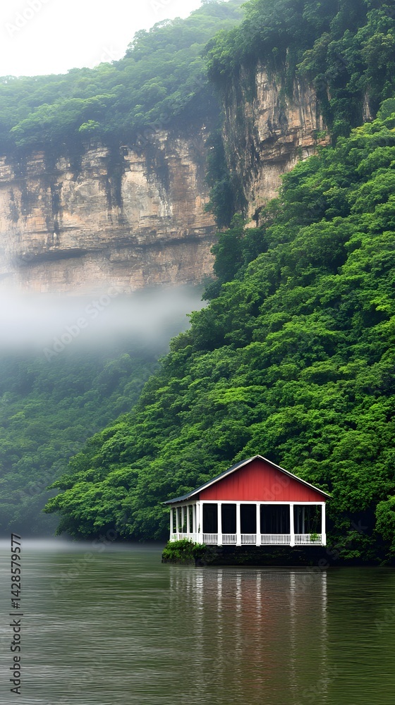 Fototapeta premium Serene Lakeside Cabin nestled amidst lush greenery and misty cliffs A tranquil escape in nature