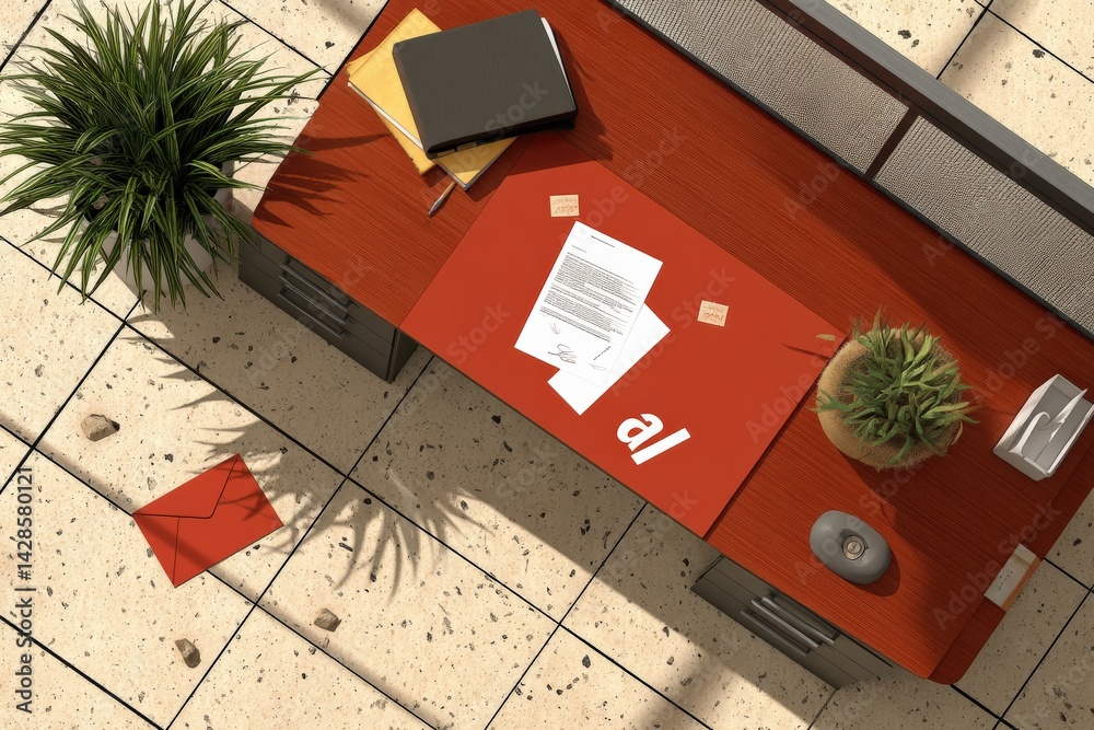Modern Office Desk with Papers and Plant Overhead View