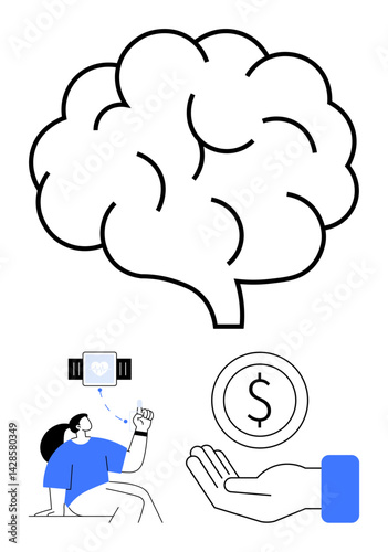 Brain outline, person using wearable health device, dollar sign, outstretched palm. Ideal for healthcare, AI, innovation, wellness, financial planning wearable tech simple landing page
