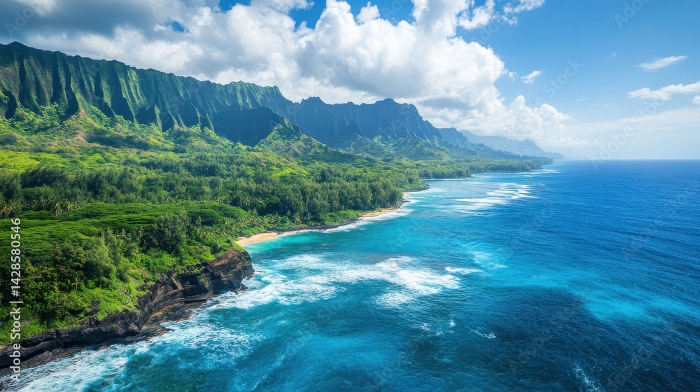 Fototapeta premium Lush mountains meet the ocean in Hawaii with clouds above. Ideal for travel ads, nature blogs, or backgrounds needing paradise.