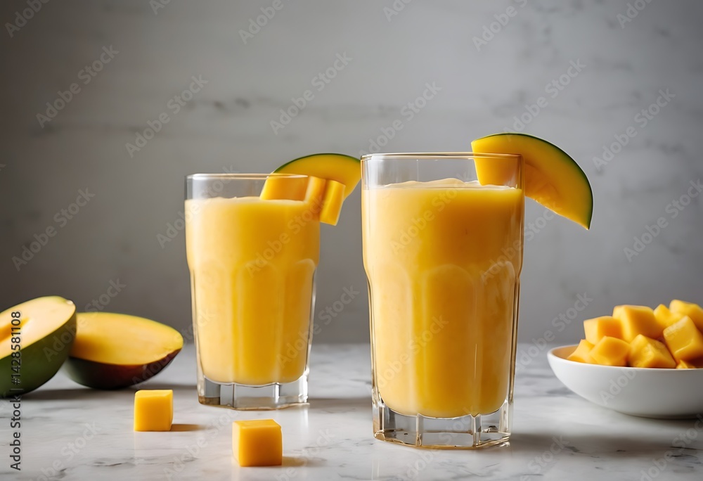 Fresh delicious mango juice smoothie in a glass on table background Fresh delicious mango juice smoothie in a glass on table background