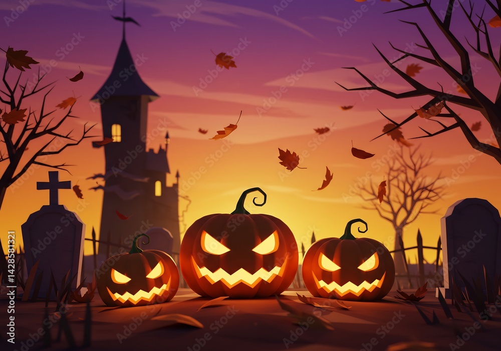 Three Jack-o'-Lanterns Glowing in a Spooky Graveyard at Sunset Three Jack-o'-Lanterns Glowing in a Spooky Graveyard at Sunset