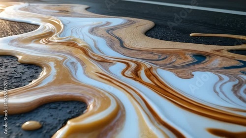 Oil or gasoline spills creating colorful patterns on the pavement.