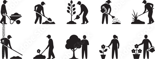 Gardening Activities Pictogram Set Black Silhouettes