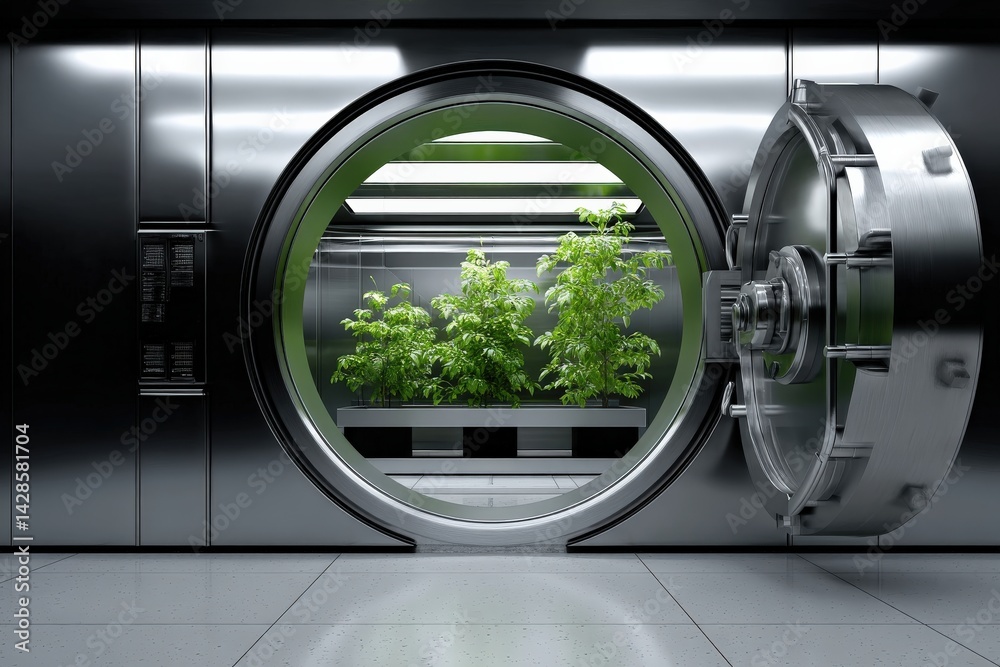 Modern Vault with Open Door and Lush Green Indoor Plants