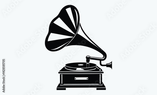 vintage gramophone silhouette, A black and white line art drawing of a vintage gramophone