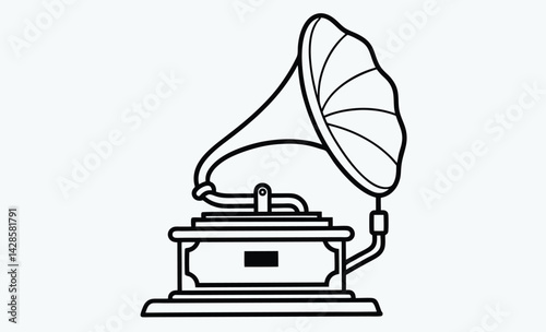 vintage gramophone silhouette, A black and white line art drawing of a vintage gramophone