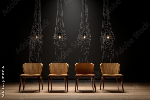 Obraz na płótnie Modern Wooden Chairs with Artistic Lighting and Web Design Background w salonie