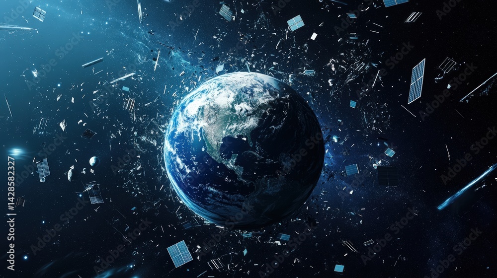 Obraz premium A floating Earth icon surrounded by orbiting satellites and space debris