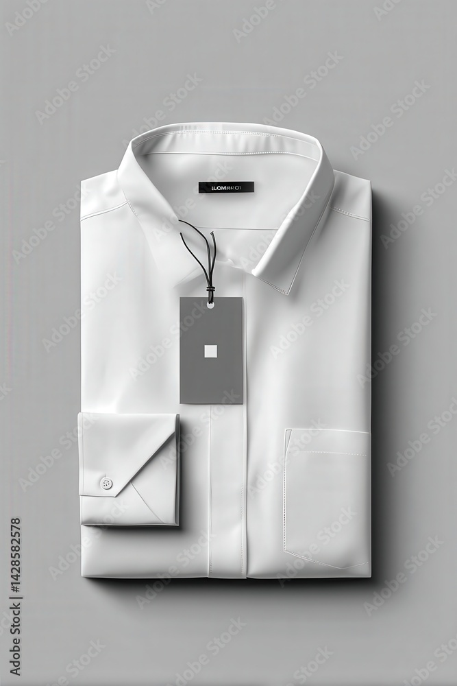 Neatly Folded White Dress Shirt with Tag on Minimalist Background