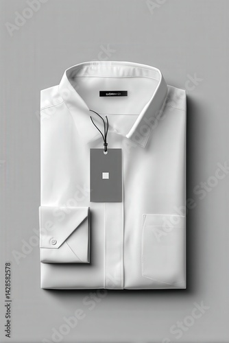 Obraz na płótnie Neatly Folded White Dress Shirt with Tag on Minimalist Background w salonie