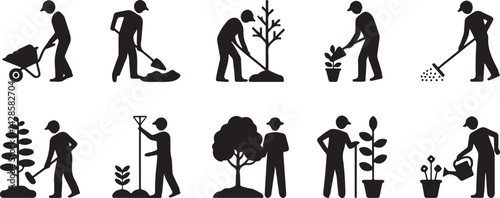 Gardening Activities Icon Set Black Silhouettes