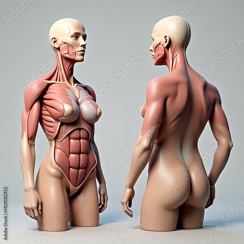 Female anatomy muscular system diagram front and back view educational medical illustration study guide