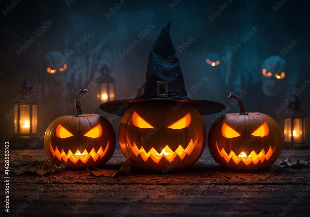 Three Jack-o'-Lanterns with Witch Hat and Spooky Figures