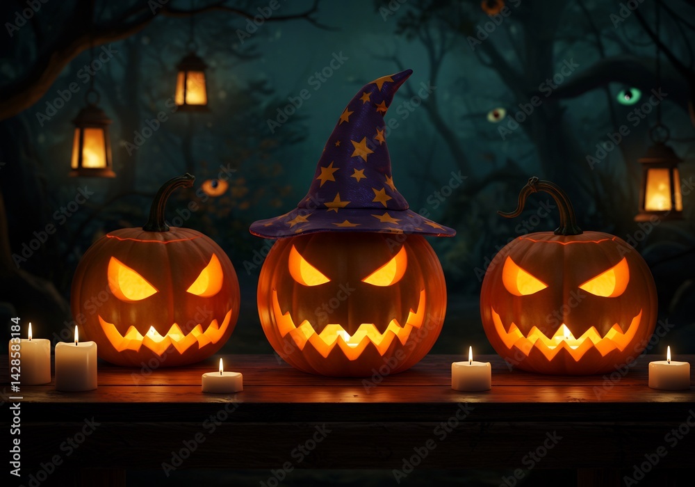 Three Jack-o'-Lanterns with Witch Hat in Dark Forest Three Jack-o'-Lanterns with Witch Hat in Dark Forest