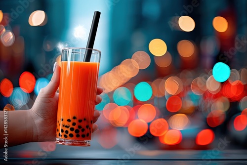 Orange Bubble Tea in Hand with Colorful Bokeh Background