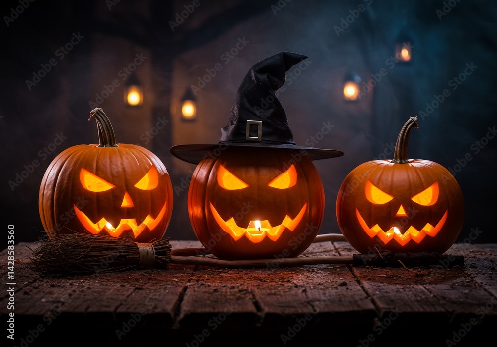 Three Jack-o'-Lanterns with Witch Hat on Rustic Wooden Table Three Jack-o'-Lanterns with Witch Hat on Rustic Wooden Table