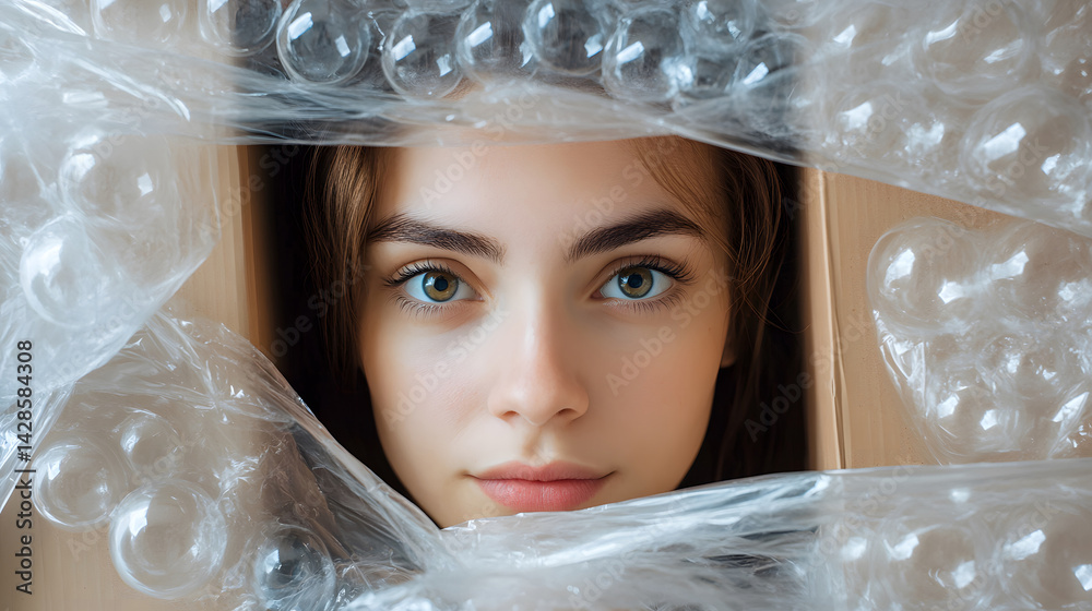 surreal photo of woman face inside cardboard package box covered with bubble wrap, captured in soft light, exploring themes of identity, concealment, shipping, and human emotion.