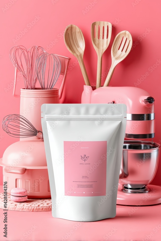 Pink Kitchen Utensils and Packaging on a Coral Background