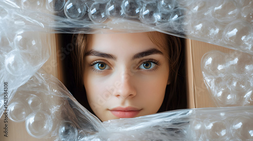 surreal photo of woman face inside cardboard package box covered with bubble wrap, captured in soft light, exploring themes of identity, concealment, shipping, and human emotion.