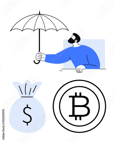 Man holding umbrella protecting dollar money bag and Bitcoin coin, symbolizing financial security. Ideal for finance, cryptocurrency, investment, insurance, savings, digital economy, stability