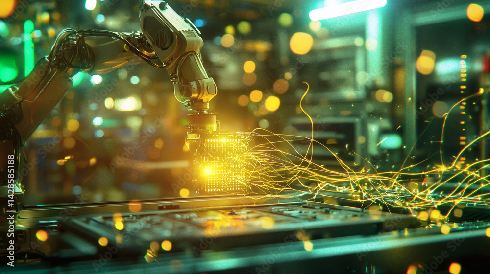 A robotic arm manipulates glowing components, creating sparks in a high-tech industrial environment filled with vibrant lights and intricate machinery.