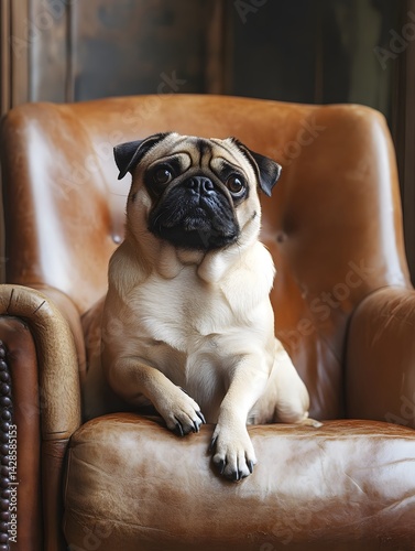 Adorable Pug Relaxing on Vintage Leather Chair | Cute Canine Portrait in Cozy Home Interior
