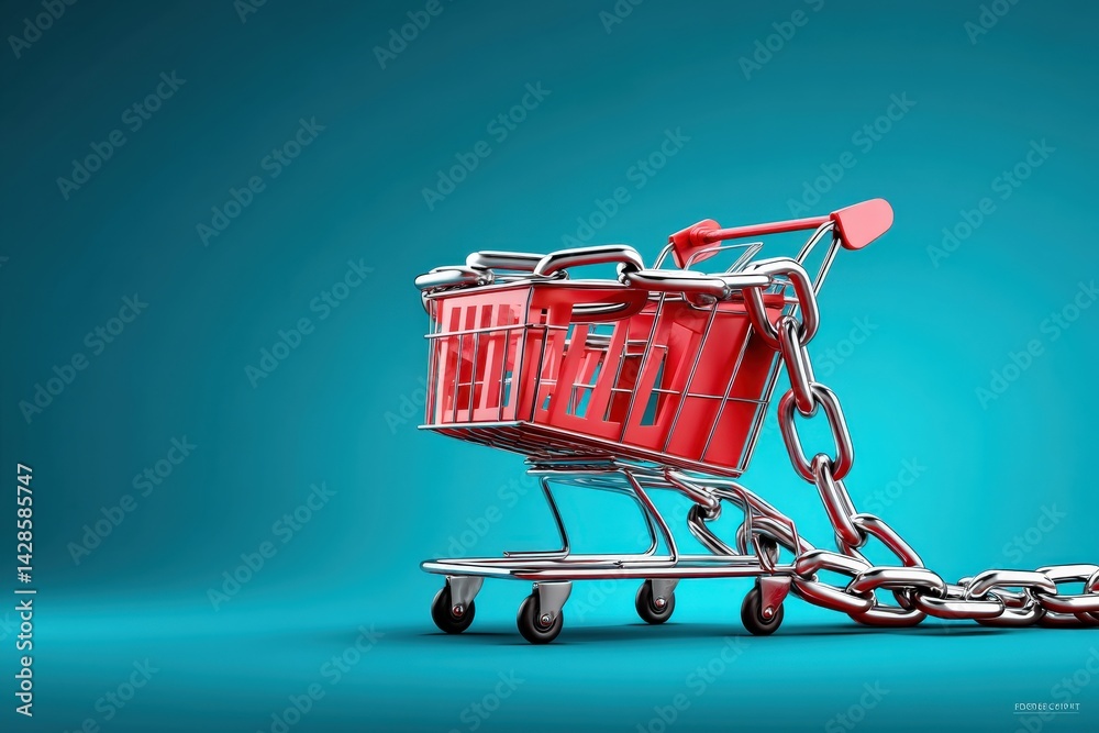Red Shopping Cart with Chains on Blue Background Concept of Restraint