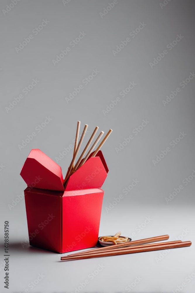 Red Takeout Box with Chopsticks and Noodles on Grey Background